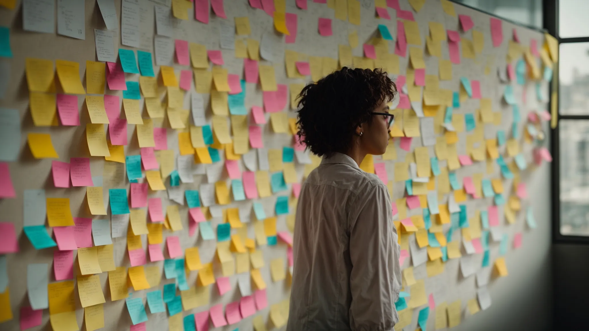 person reflecting on a whiteboard covered in colorful sticky notes and brainstorming ideas for a positive planning mindset.