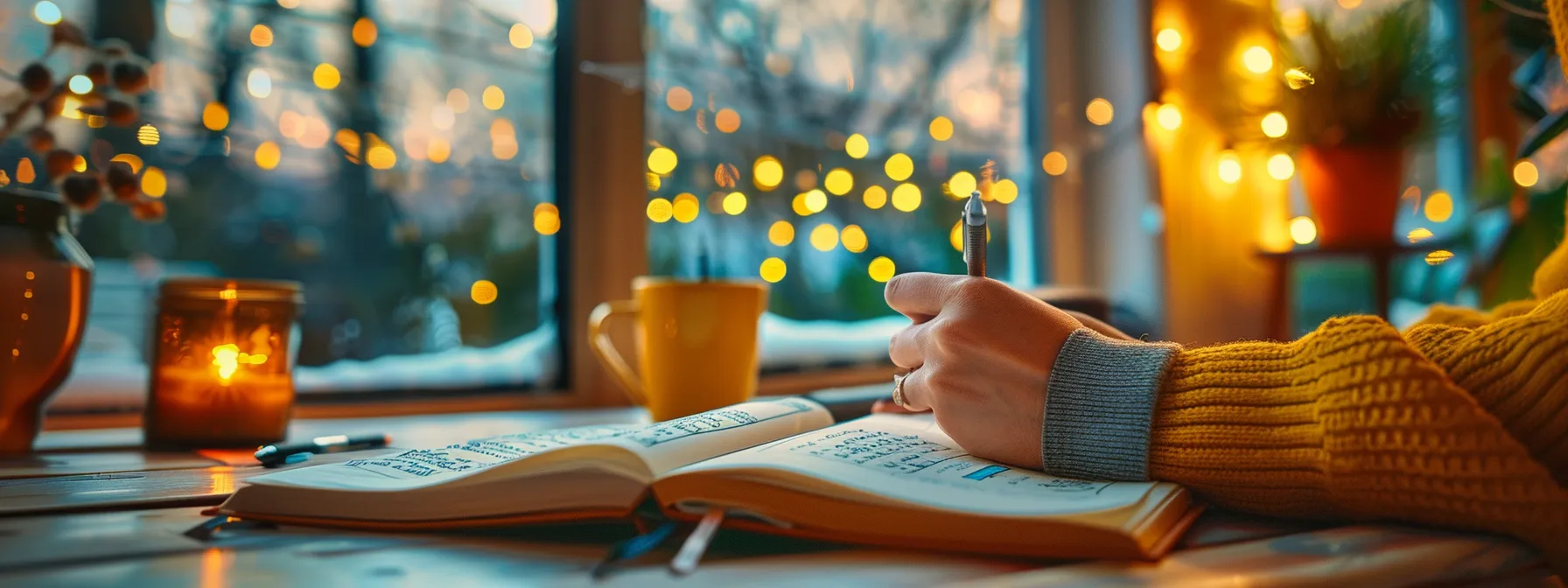 a person writing down their goals in a journal with a calendar and inspirational quotes in the background.