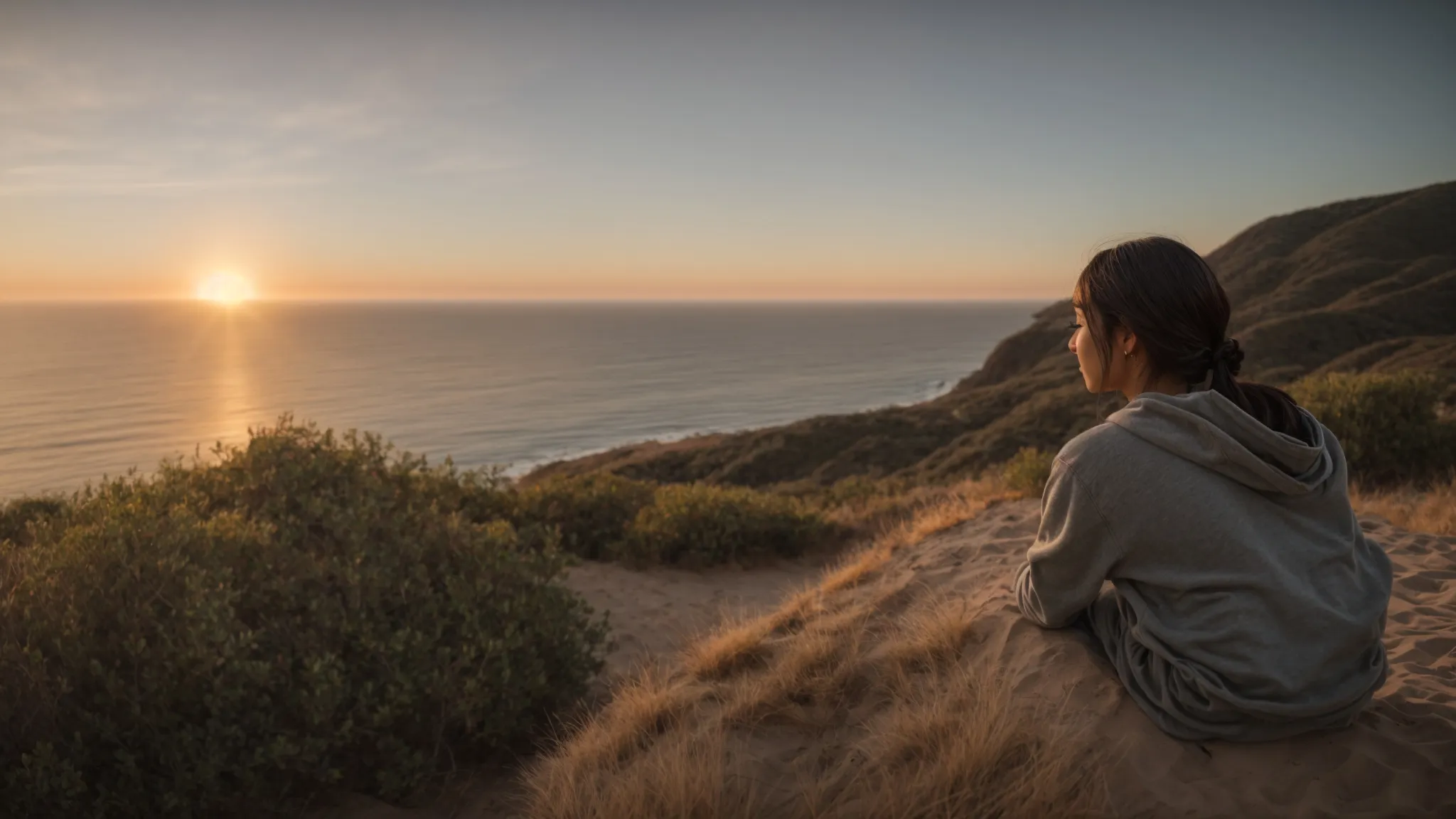 a person looking out at a sunrise over a calm ocean, with a sense of hope and serenity in their expression.