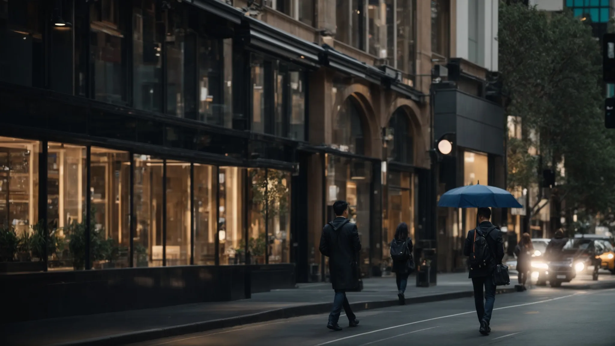a person walking down a busy street in melbourne, surrounded by a variety of professional buildings and bustling with activity.