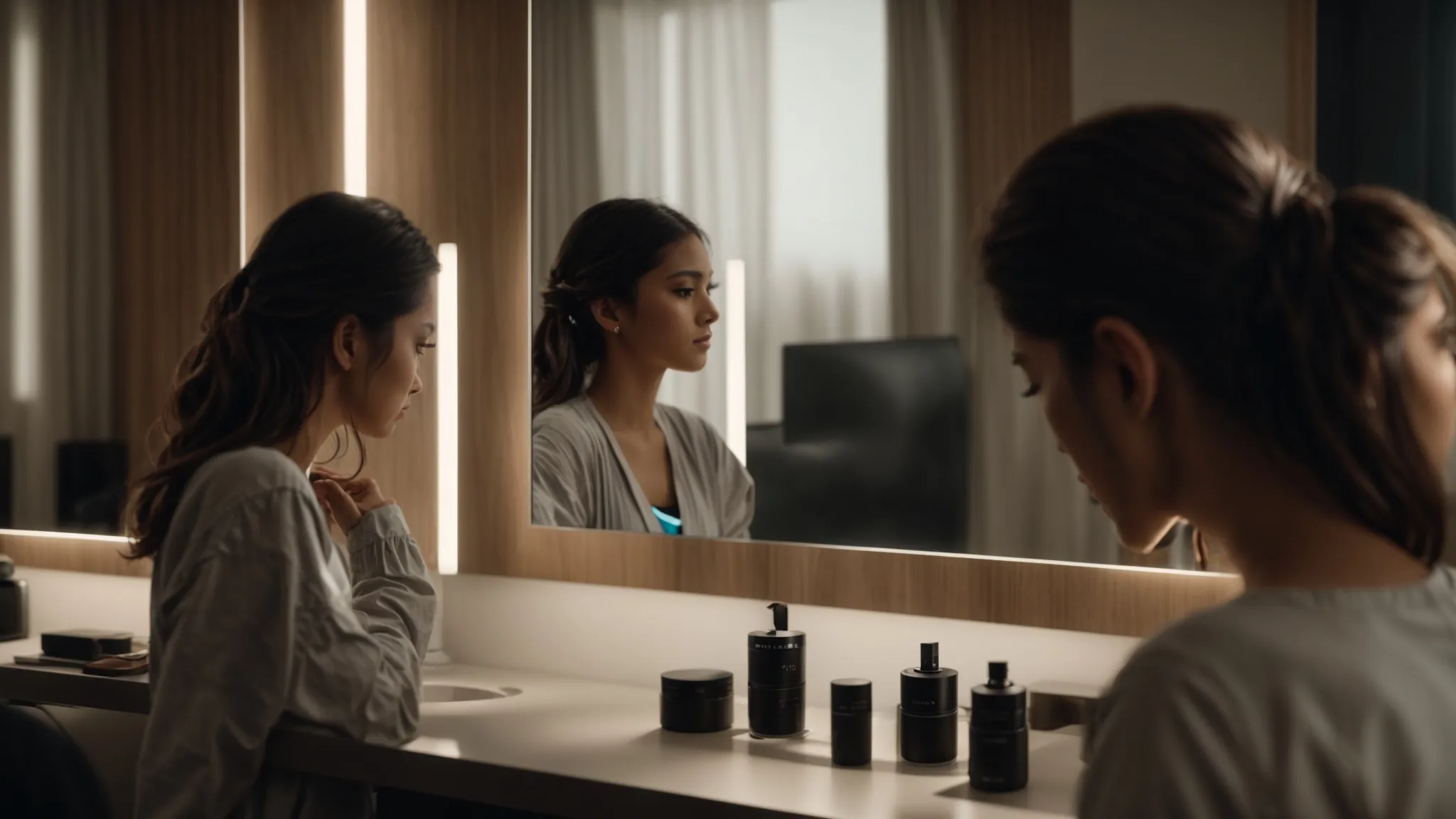 a person looking at a mirror, thinking about their professional identity and personal branding.