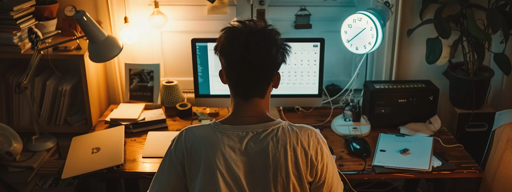 a person sitting at a messy desk staring blankly at a to-do list while the clock shows time ticking away.